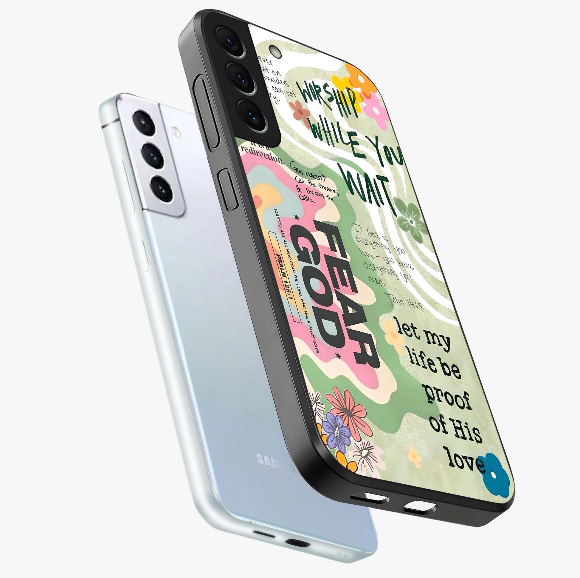 Faith Over Fear Glass Case displayed in angled mockup highlighting inspirational message design with modern aesthetic style.