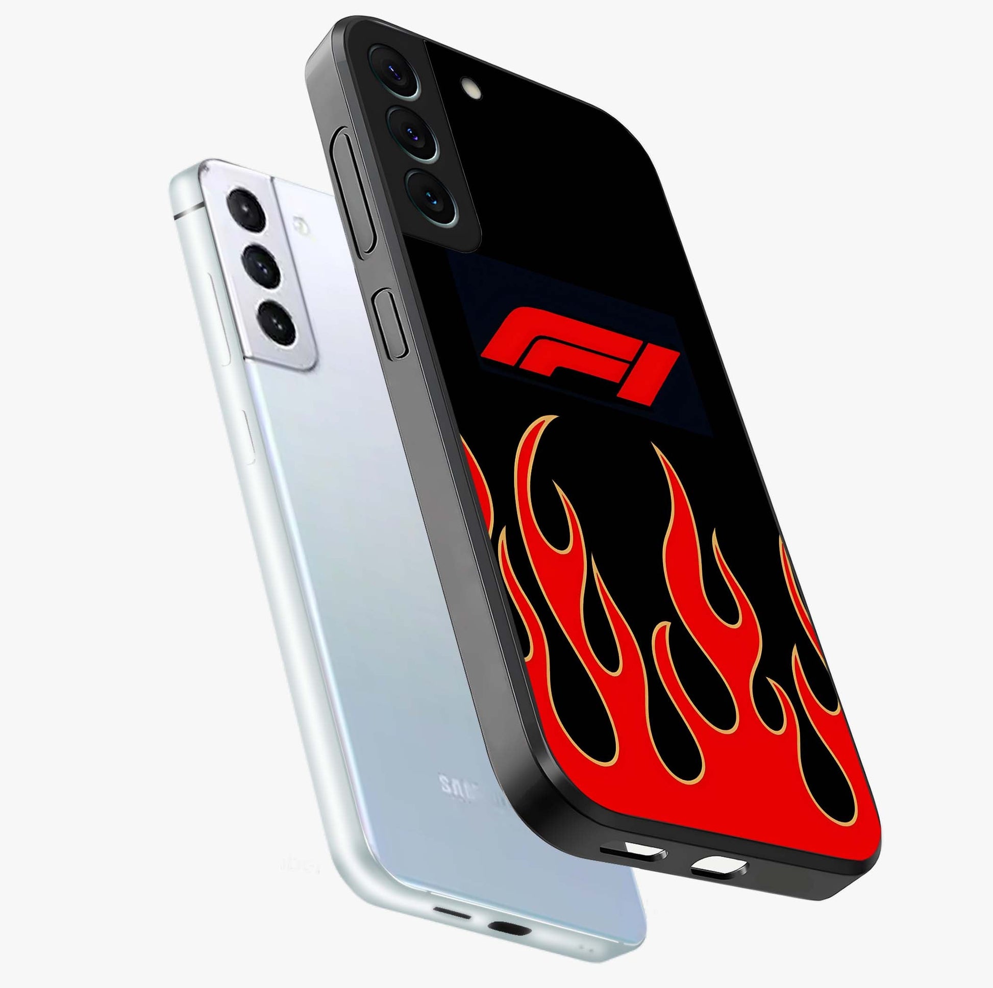 Fire F11 Glass Case displayed in angled mockup highlighting bold fire inspired graphic with energetic aesthetic style.