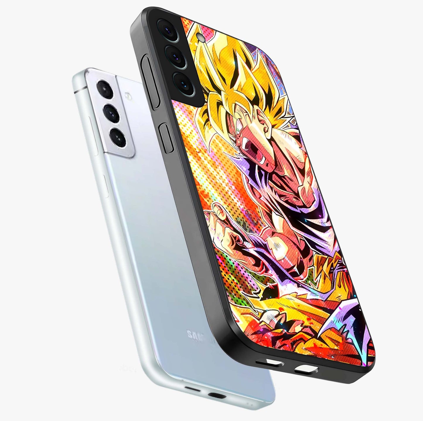 Firing Goku Glass Case displayed in angled mockup highlighting dynamic anime character design with action aesthetic.