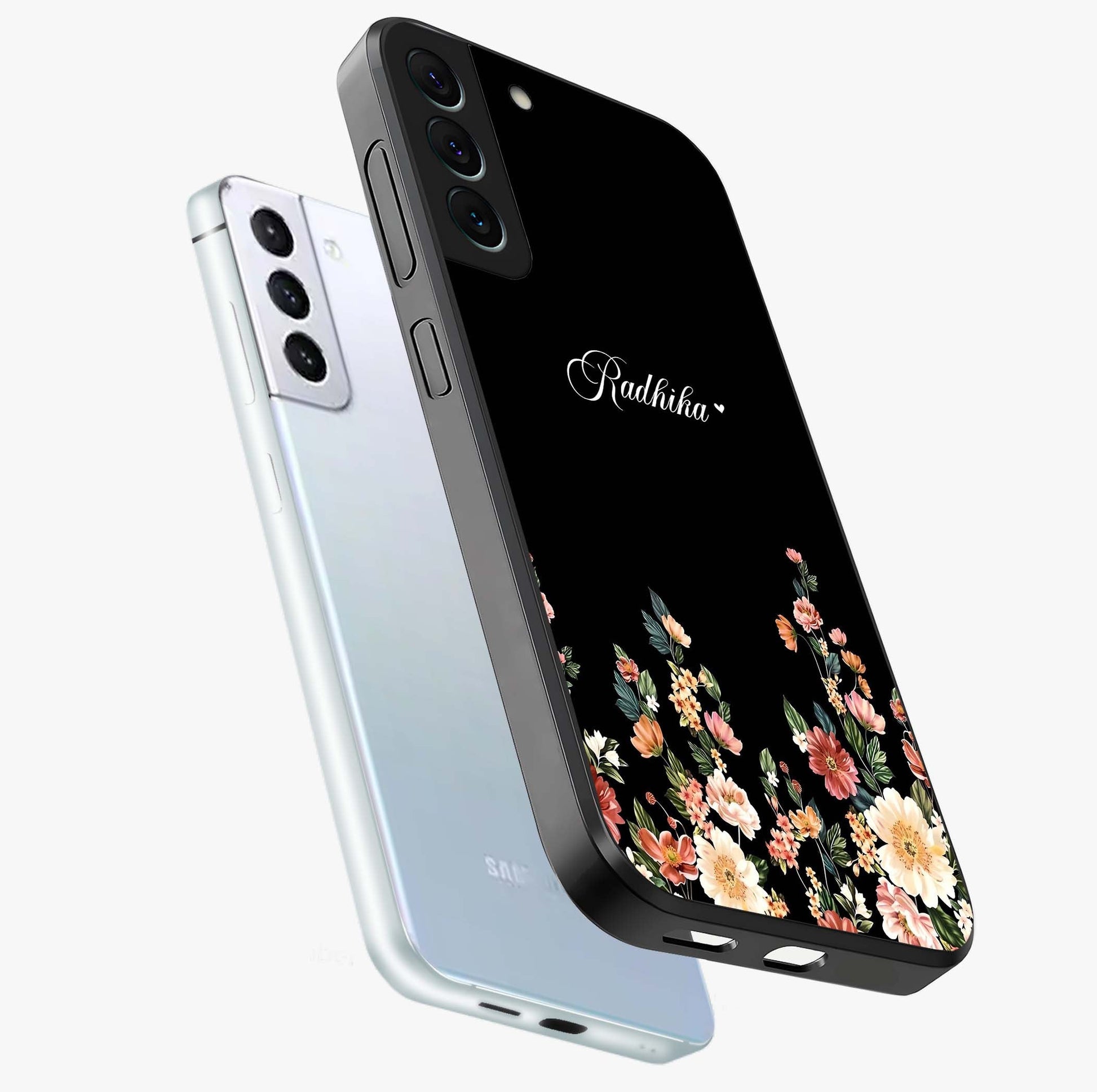 Floral Design With a Custom Personalized Name Glass Case displayed in angled mockup highlighting elegant floral pattern with custom name feature.