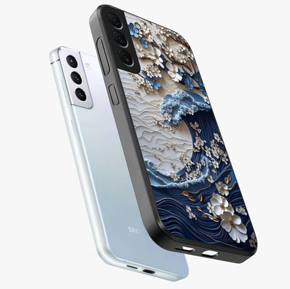 Floral Wave Origami Glass Case displayed in angled mockup highlighting geometric origami flower design with modern aesthetic style.