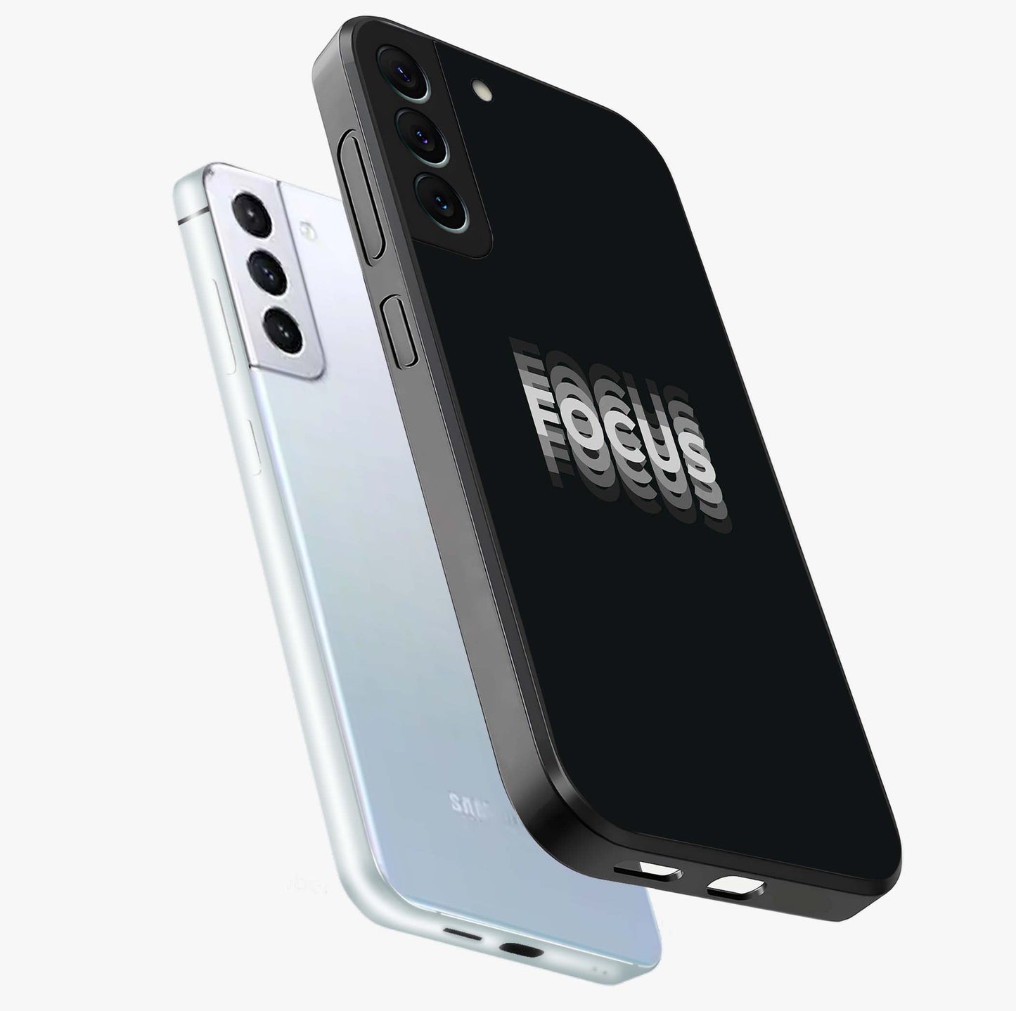 Focus Mode On Glass Case displayed in angled mockup highlighting clean minimal text artwork with modern aesthetic style.