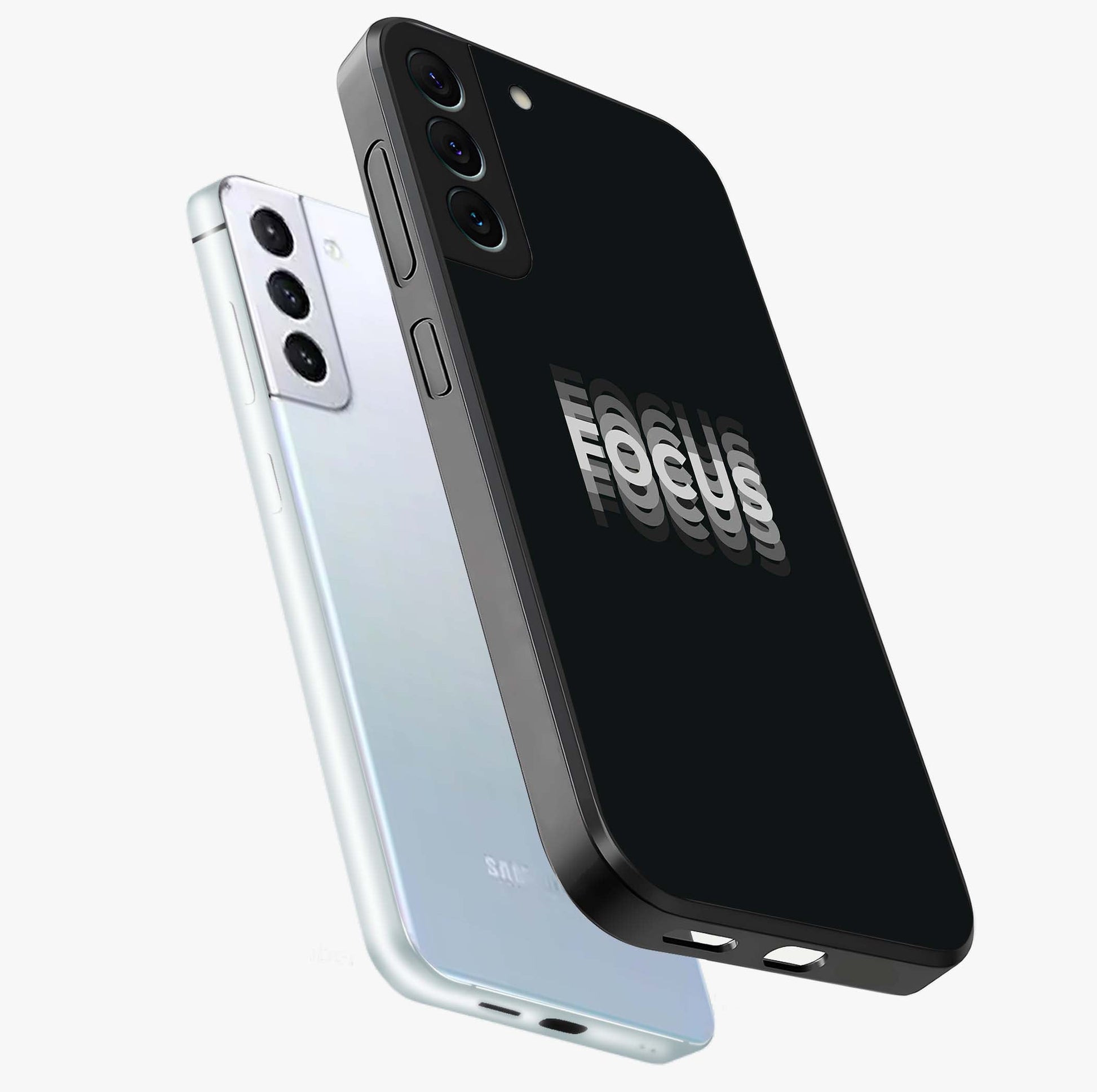 Focus Mode On Glass Case displayed in angled mockup highlighting clean minimal text artwork with modern aesthetic style.