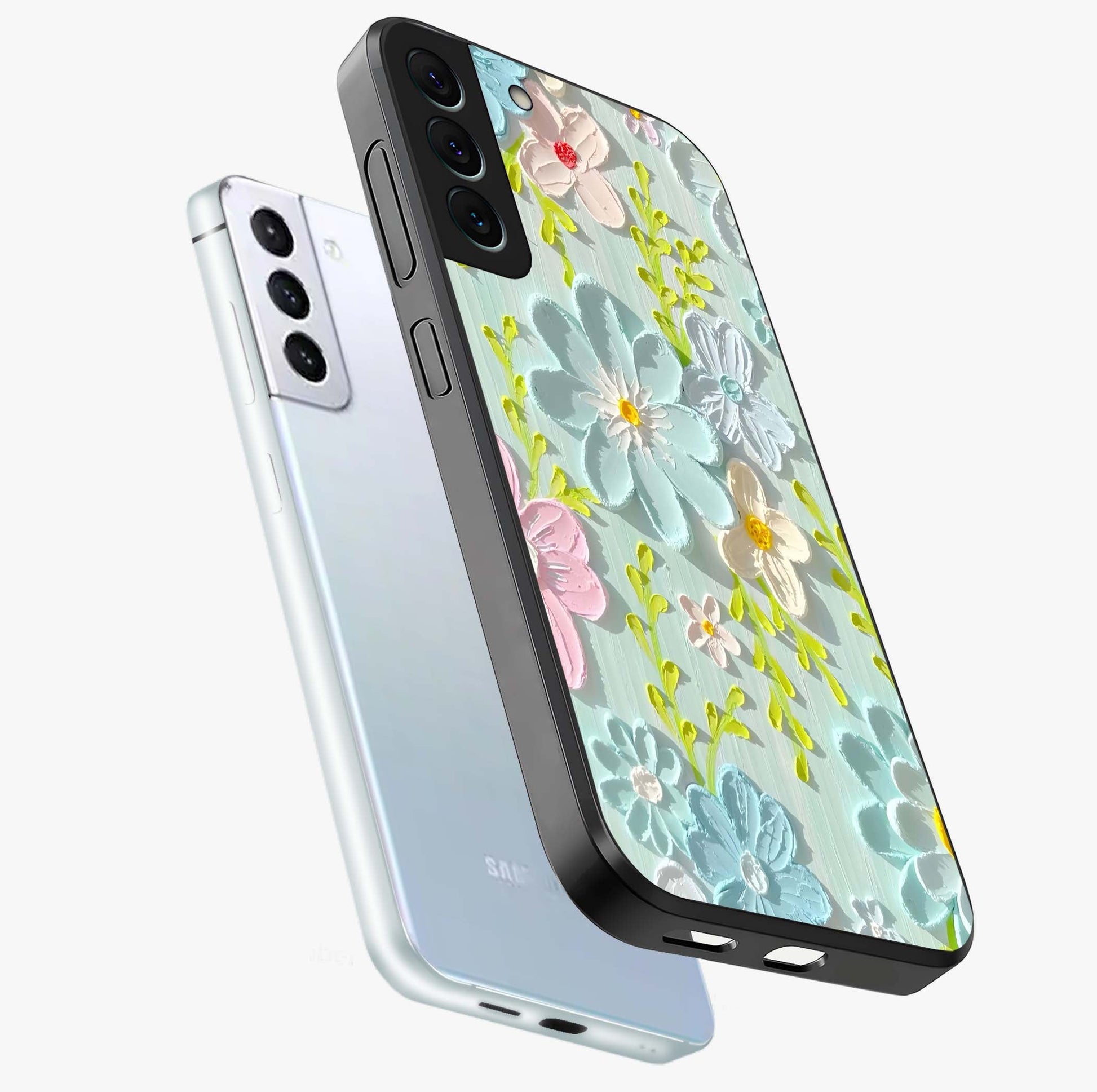 Frosted Petal Garden Glass Case displayed in angled mockup highlighting delicate flower petal design with calm garden aesthetic.