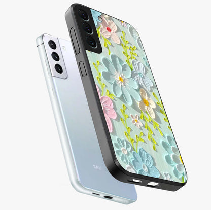 Frosted Petal Garden Glass Case displayed in angled mockup highlighting delicate flower petal design with calm garden aesthetic.
