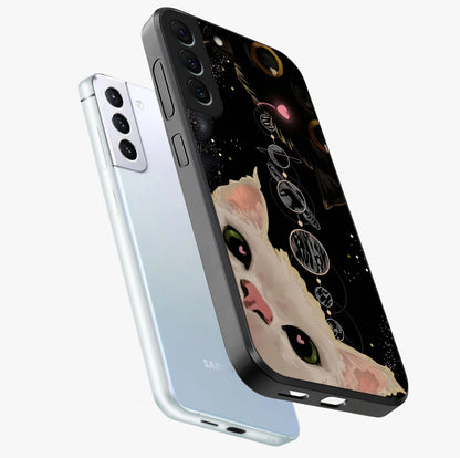 Galactic Cat Glass Case displayed in angled mockup highlighting celestial feline illustration with galaxy aesthetic style.