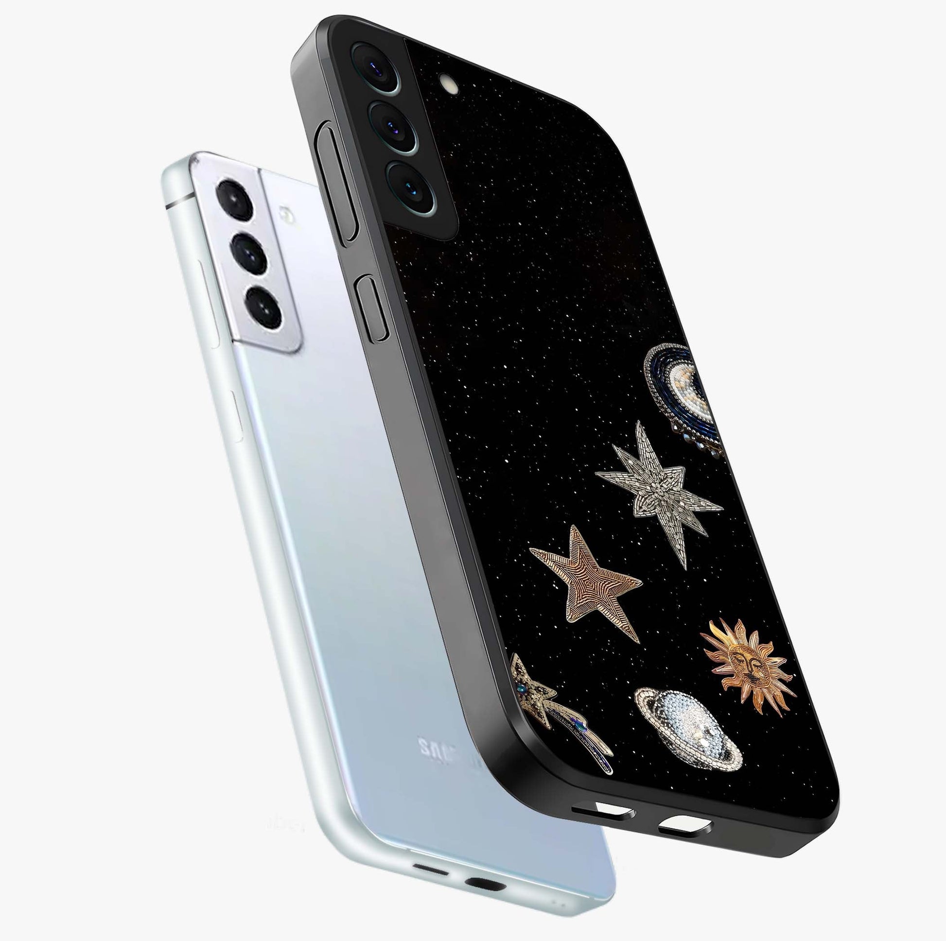 Galactic Charm Glow Glass Case displayed in angled mockup highlighting luminous galaxy inspired design with dreamy aesthetic.