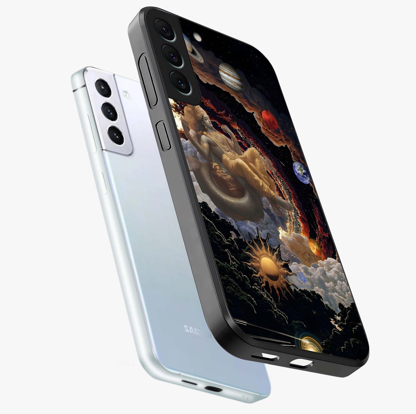 Galactic Divine God Glass Case displayed in angled mockup highlighting powerful celestial deity illustration with galactic aesthetic.