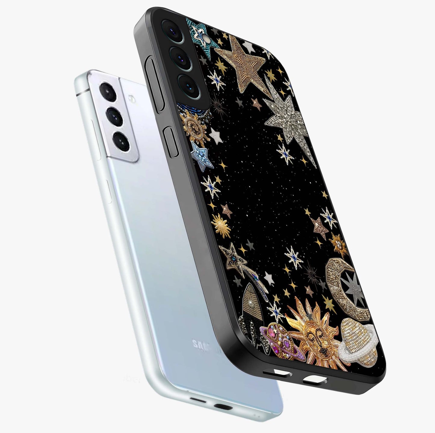 Galactic Jewel Stars Glass Case displayed in angled mockup highlighting shining celestial star design with cosmic aesthetic style.