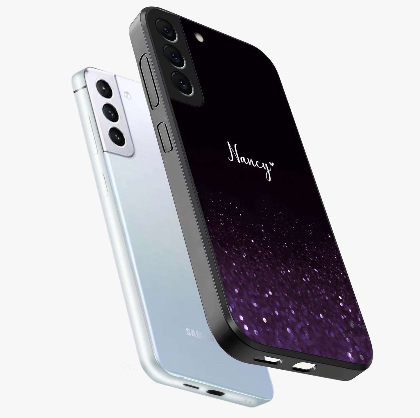 Glittery Purple Bokeh Custom Name Glass Case displayed in angled mockup highlighting glitter bokeh pattern with custom name feature.