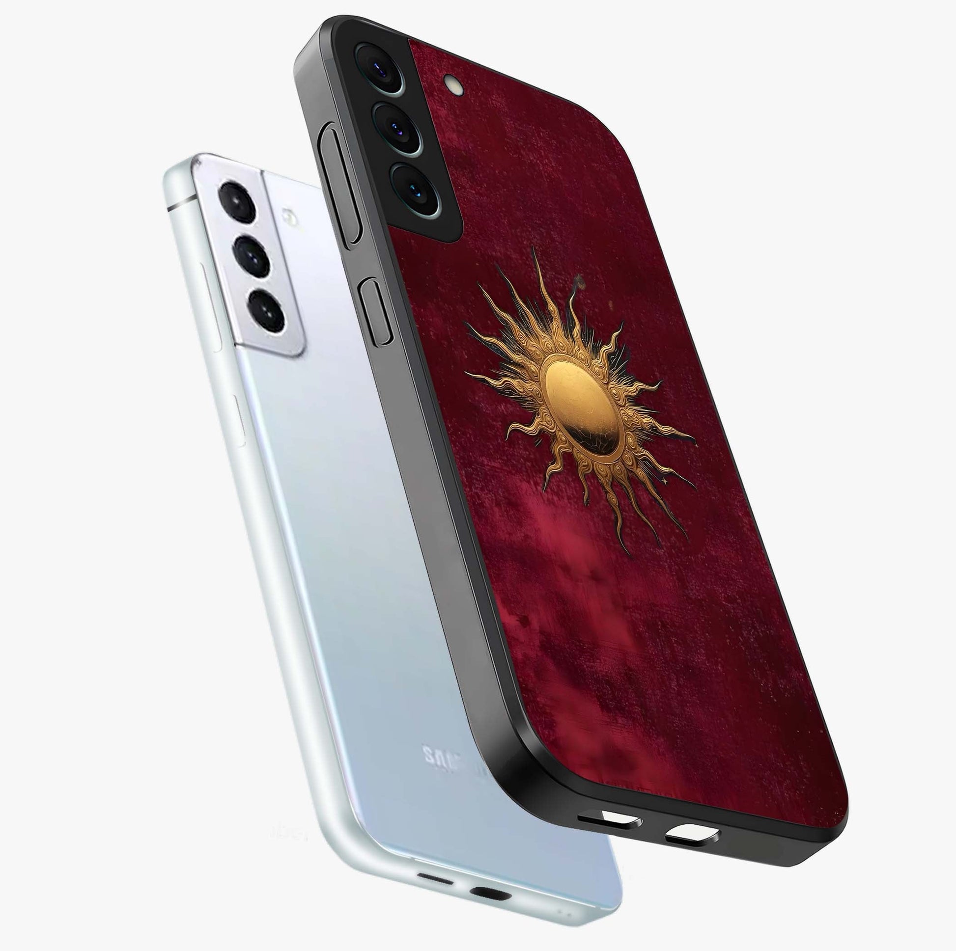 Golden Sun Minimalism Glass Case displayed in angled mockup highlighting clean sun symbol design with modern minimal aesthetic.