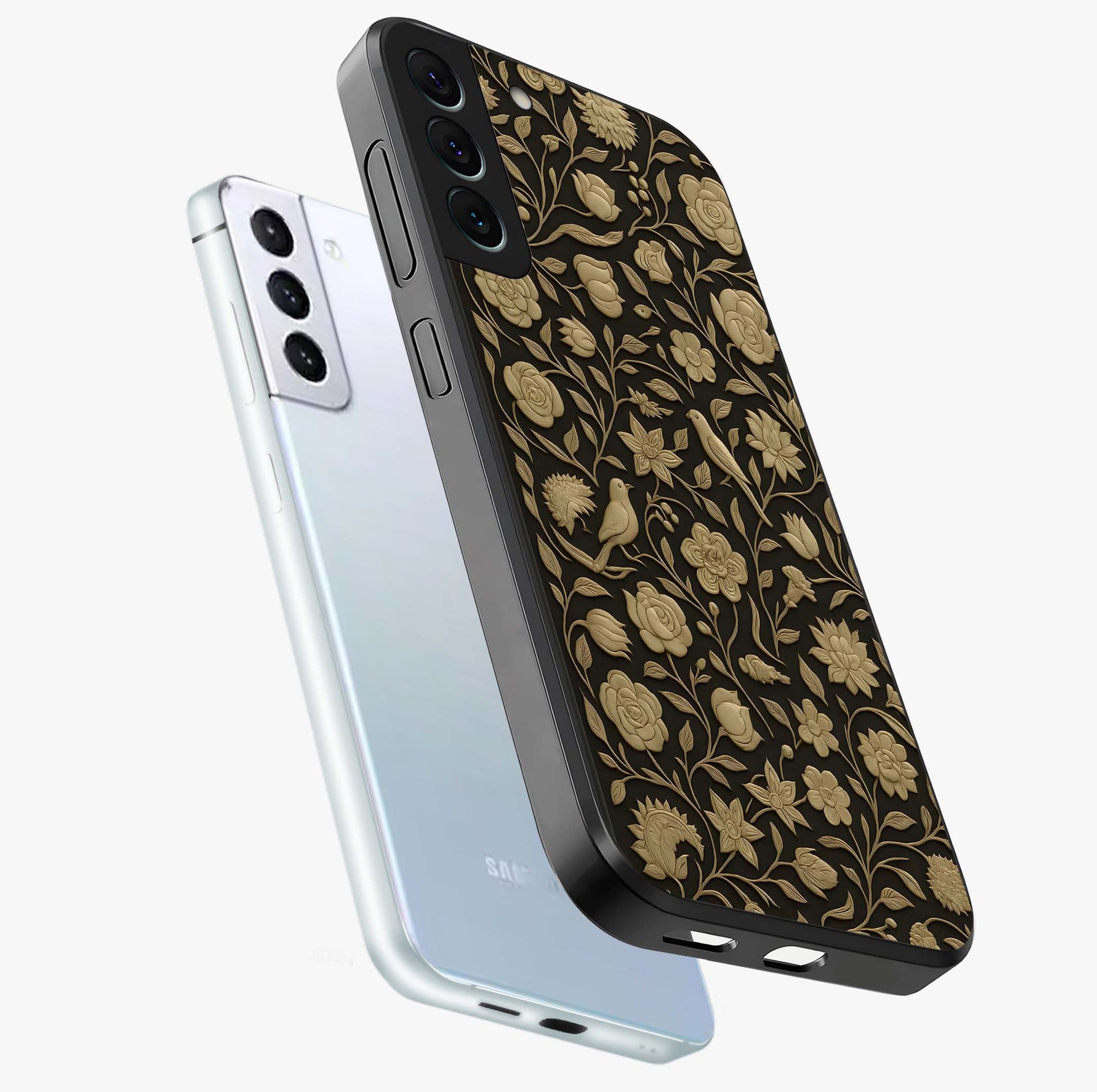 Golden Evil Eye Mandala Glass Case displayed in angled mockup highlighting protective evil eye symbol with golden mandala design.