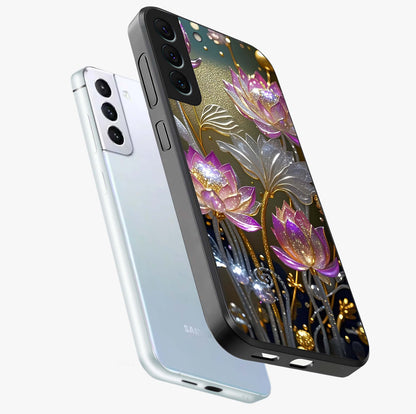 Golden Floral Majesty Glass Case displayed in angled mockup highlighting elegant flower design with royal golden aesthetic.