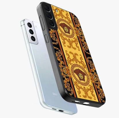 Golden Lotus Glow Glass Case displayed in angled mockup highlighting radiant lotus illustration with spiritual aesthetic.