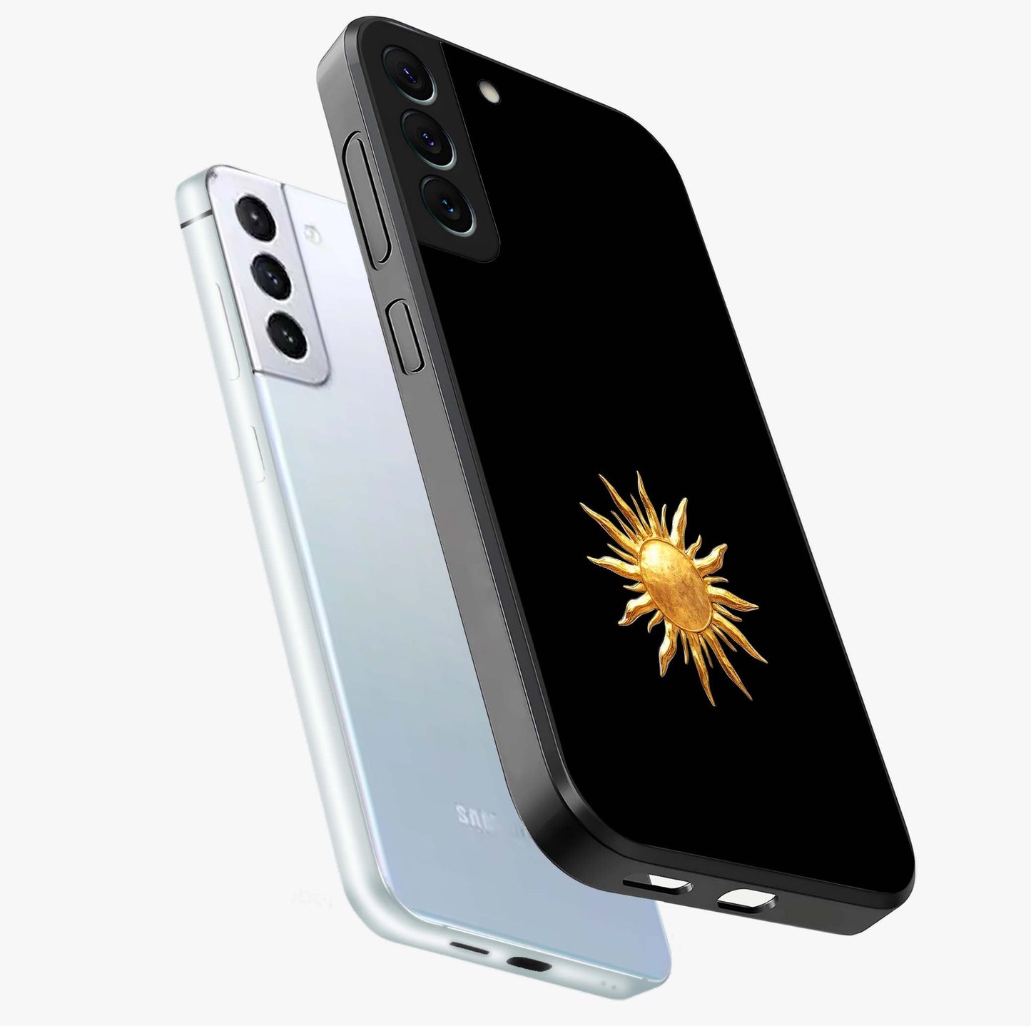 Golden Sun Minimalism Glass Case displayed in angled mockup highlighting eerie shadow illustration with gothic aesthetic.