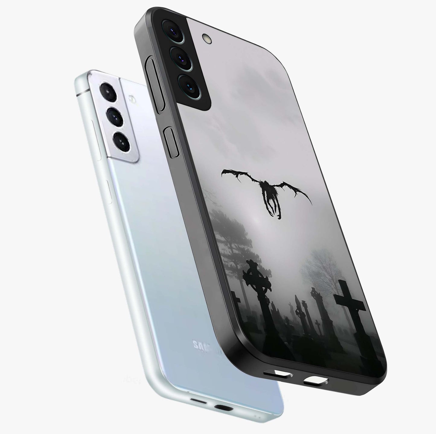 Graveyard Shadow Descent Glass Case displayed in angled mockup highlighting eerie shadow illustration with gothic aesthetic.