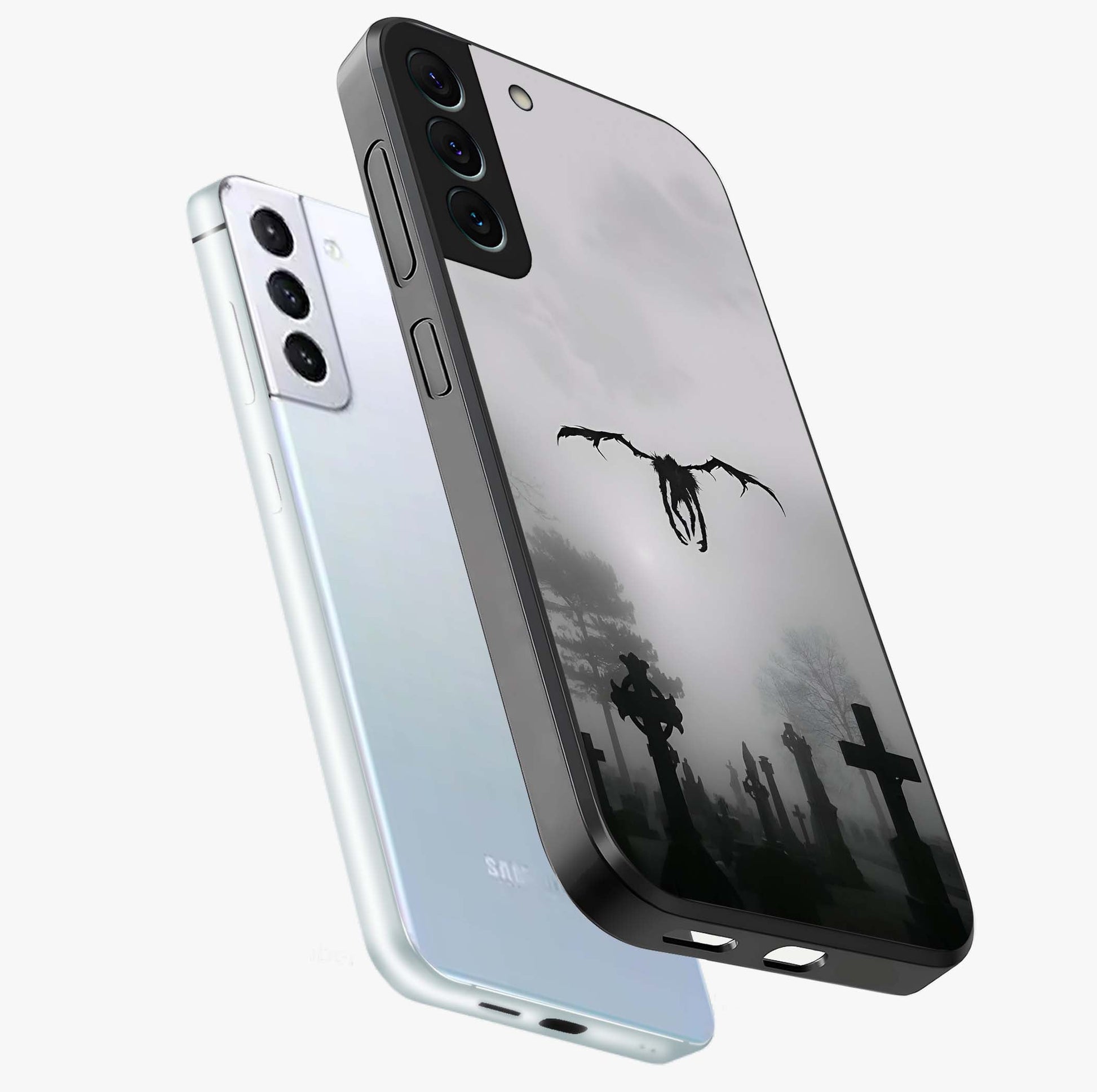 Graveyard Shadow Descent Glass Case displayed in angled mockup highlighting eerie shadow illustration with gothic aesthetic.