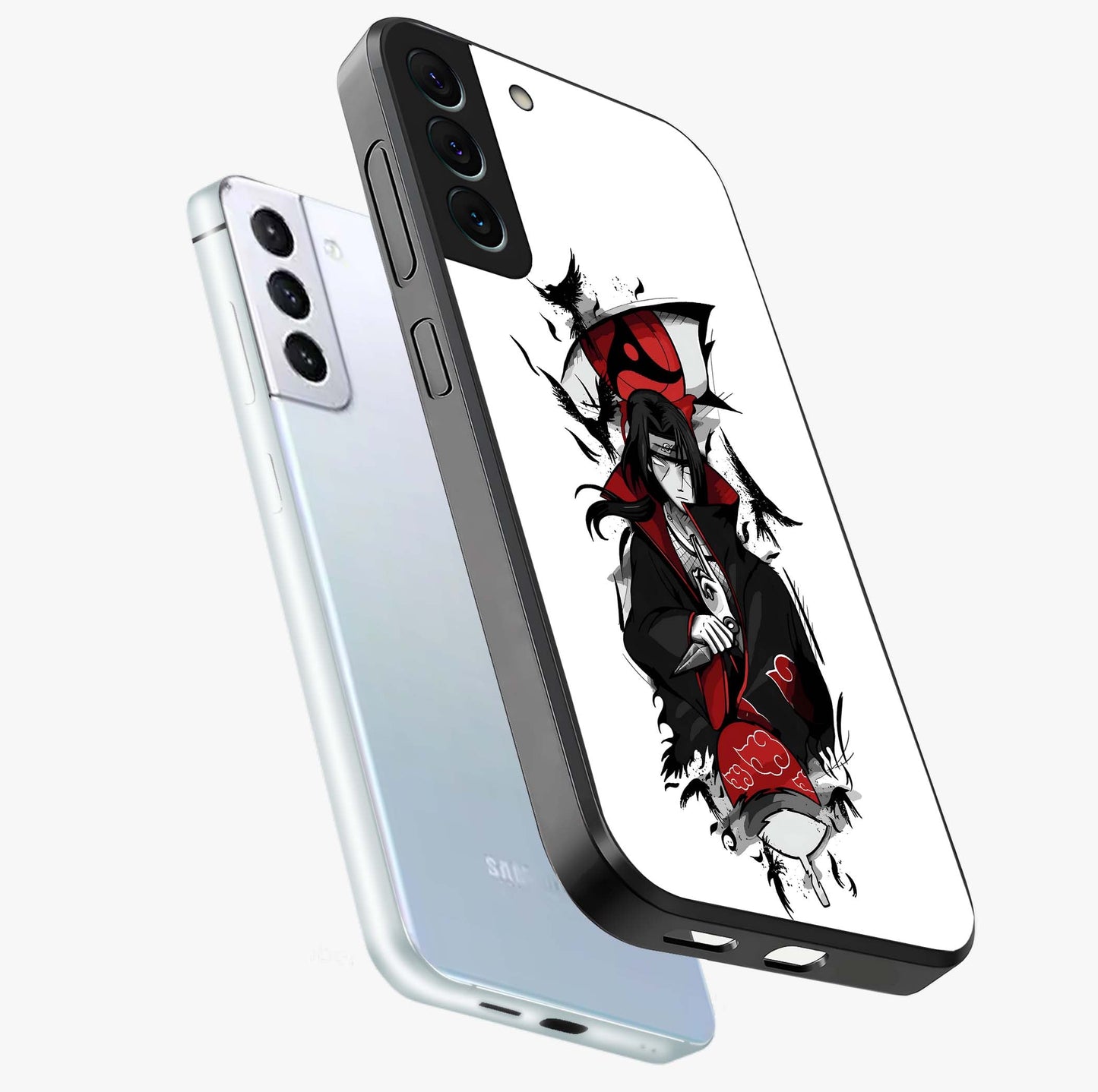 Itachi Limited Edition Naruto Anime Glass Case displayed in angled mockup highlighting dramatic anime illustration with bold action aesthetic.