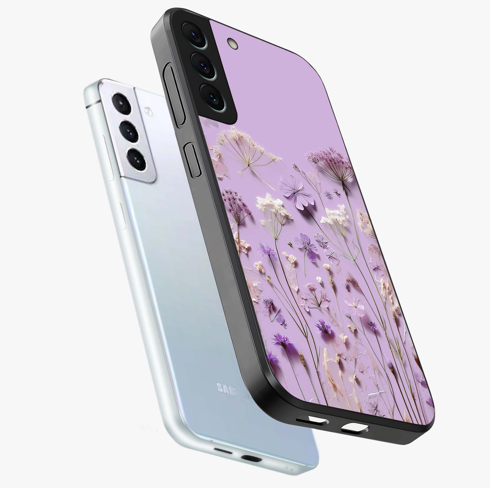 Lavender Blossom Dream Glass Case displayed in angled mockup highlighting dreamy lavender flower design with calming aesthetic style.