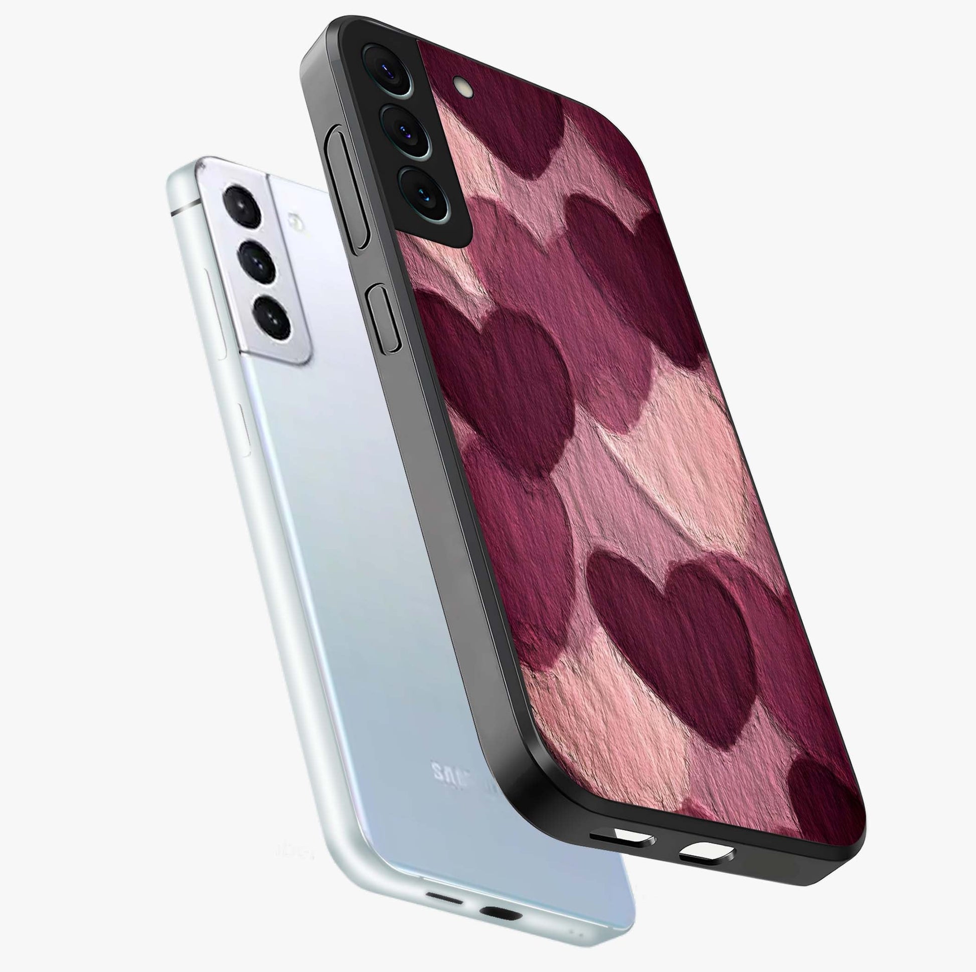 Layered Paper Hearts Glass Case displayed in angled mockup highlighting creative paper craft heart design with romantic aesthetic.
