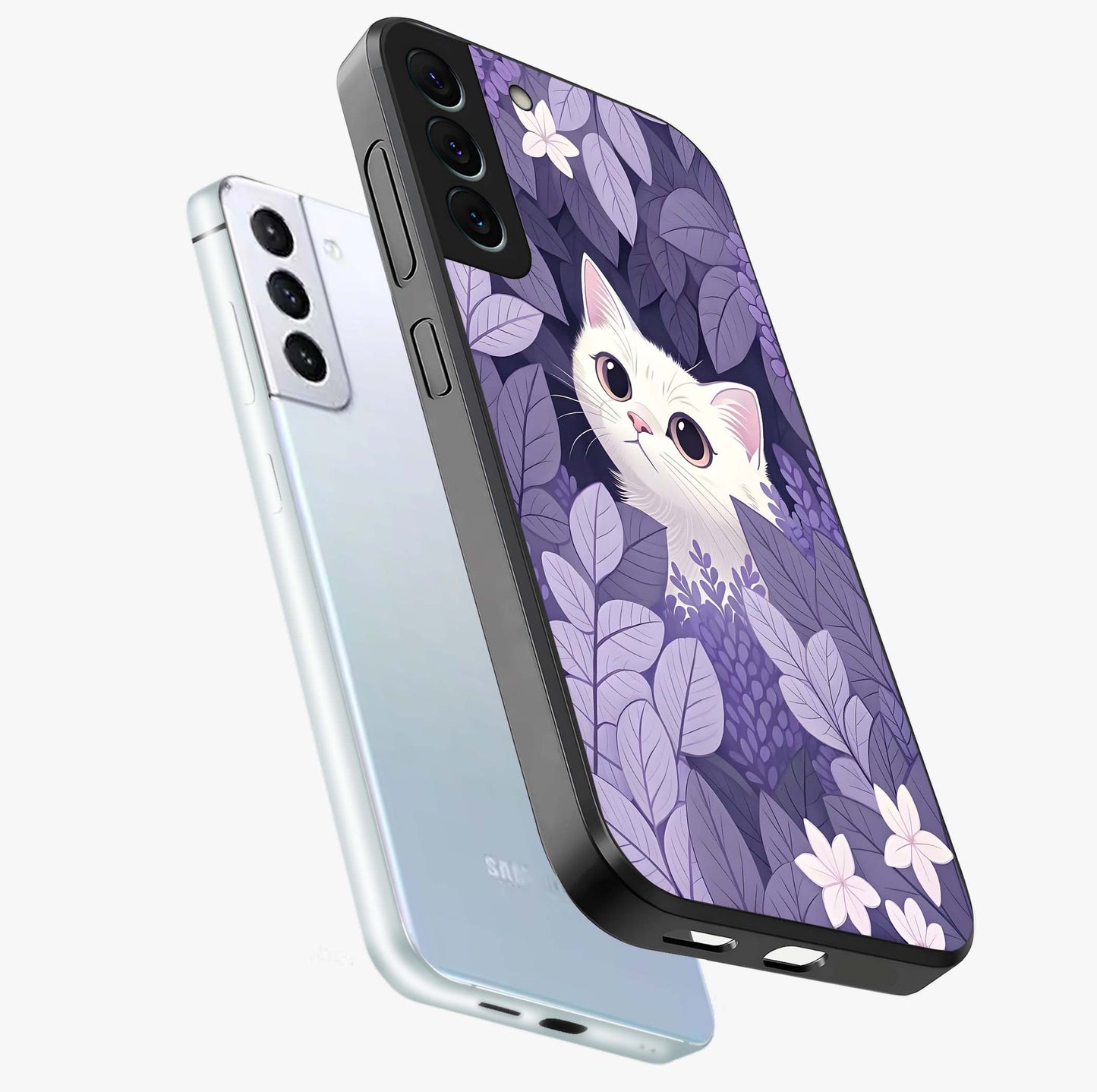 Lilac Hide Peek Cat Glass Case displayed in angled mockup highlighting playful feline illustration with lilac aesthetic design.