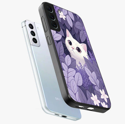 Lilac Hide Peek Cat Glass Case displayed in angled mockup highlighting playful feline illustration with lilac aesthetic design.