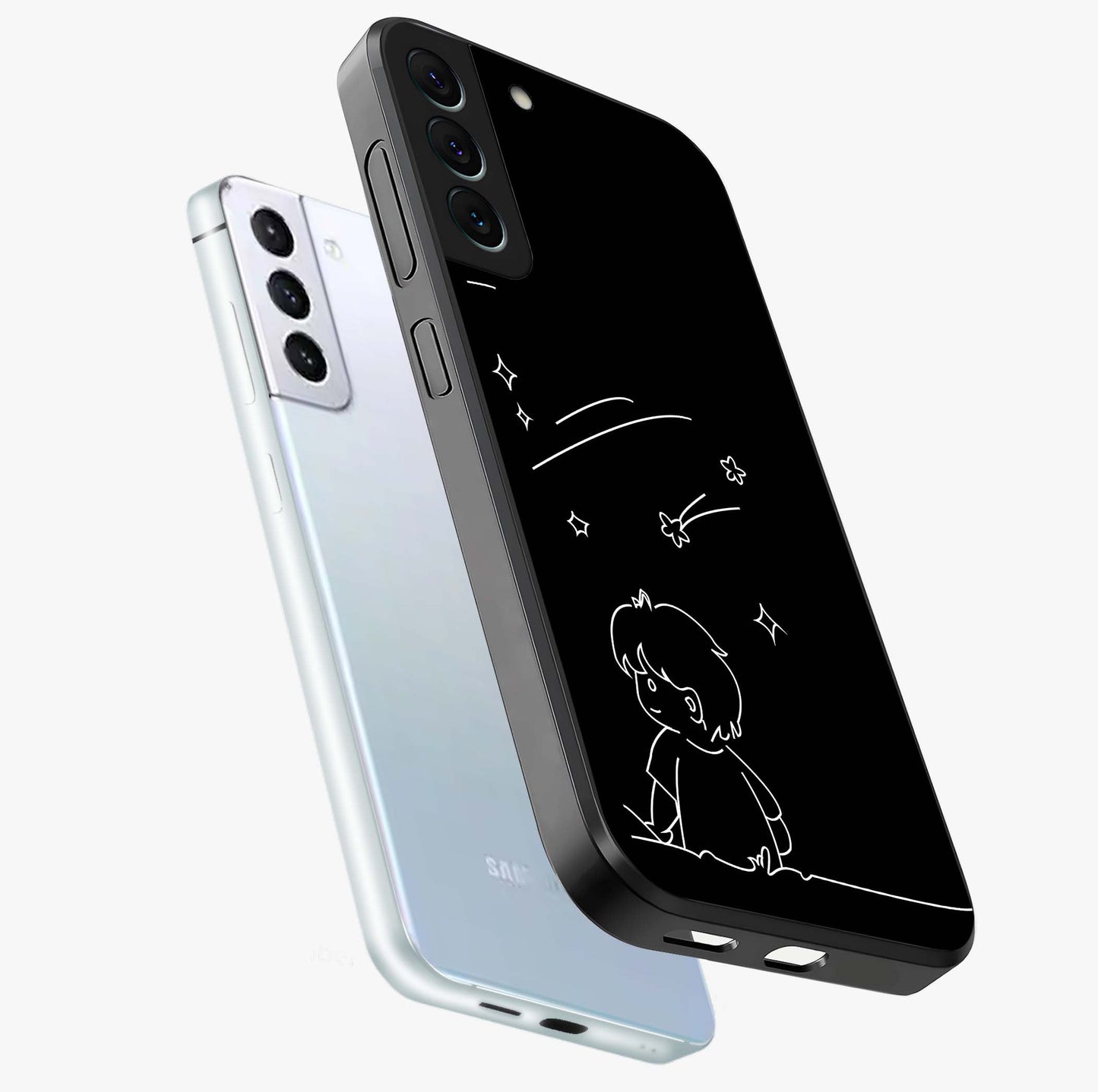 Line Art Boy With Shooting Stars Glass Case displayed in angled mockup highlighting elegant line art design with dreamy star aesthetic.