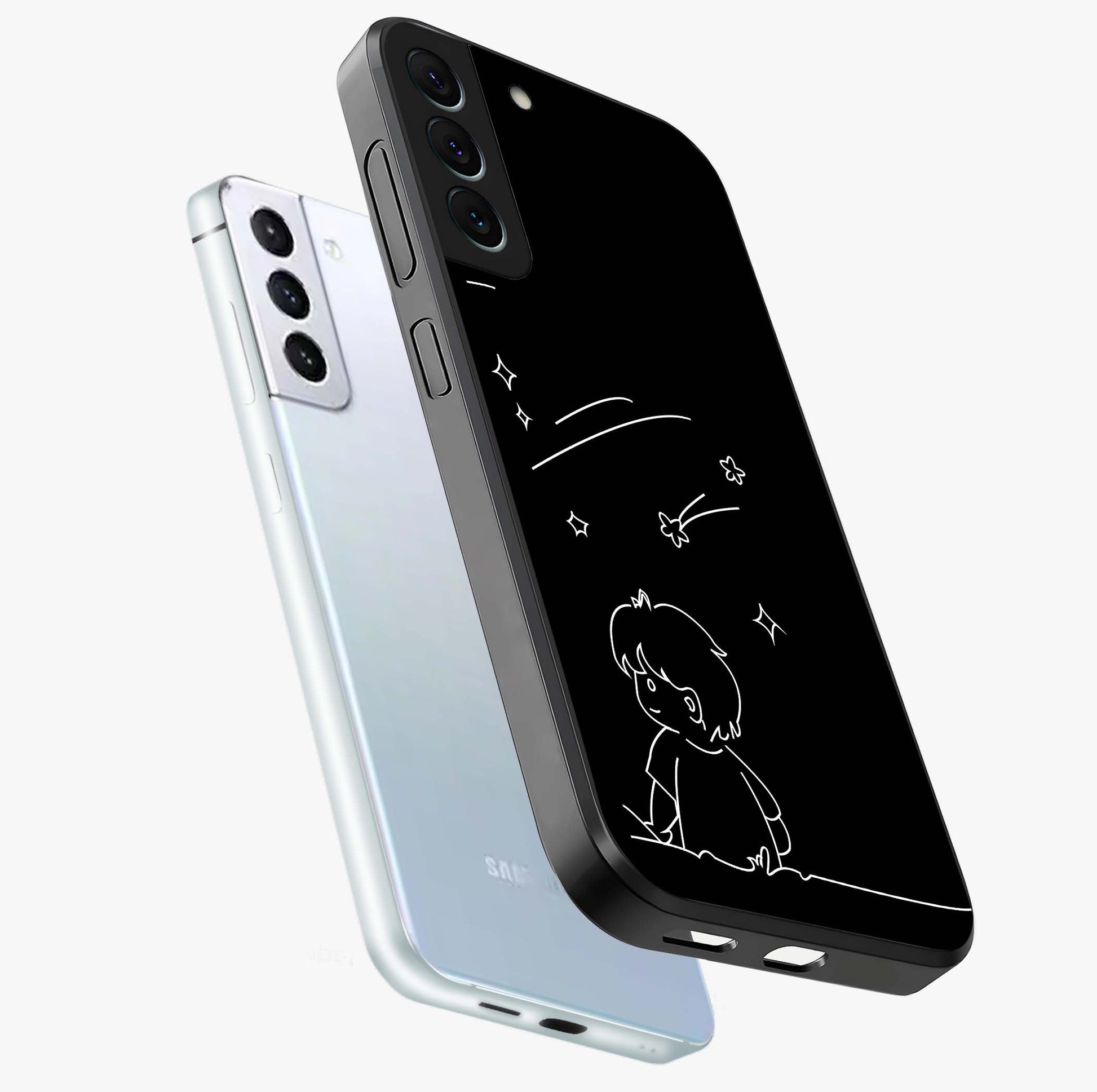 Line Art Boy With Shooting Stars Glass Case displayed in angled mockup highlighting elegant line art design with dreamy star aesthetic.