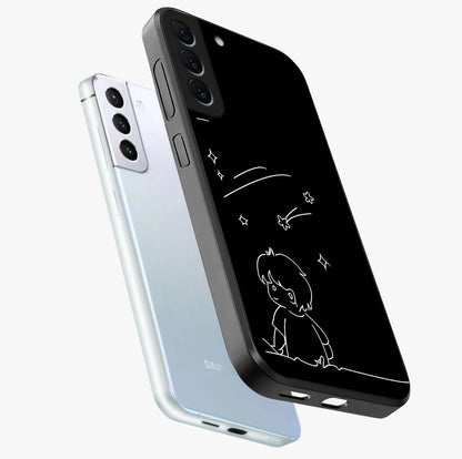 Line Art Boy With Shooting Stars Glass Case displayed in angled mockup highlighting elegant line art design with dreamy star aesthetic.