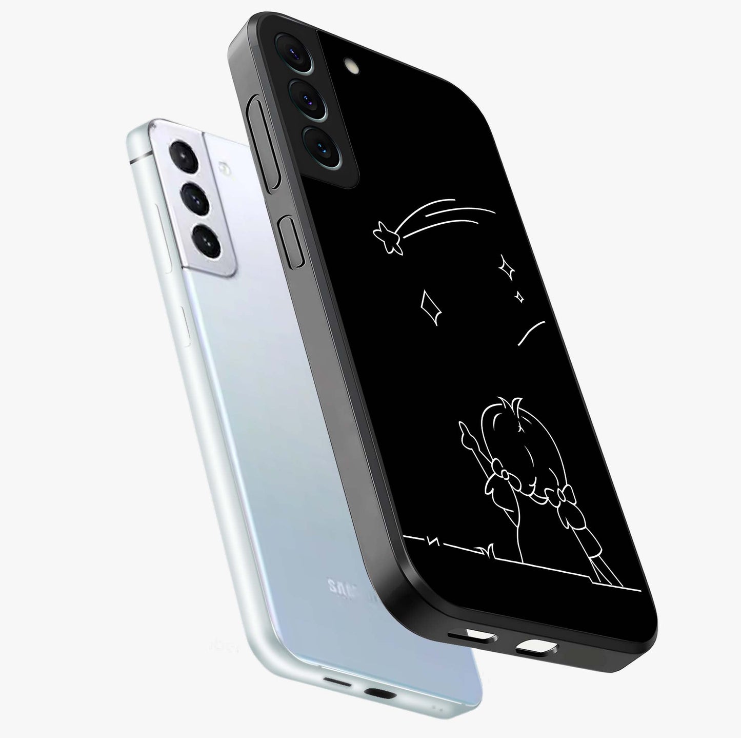 Line Art Girl With Shooting Stars Glass Case displayed in angled mockup highlighting elegant line art design with dreamy star aesthetic.