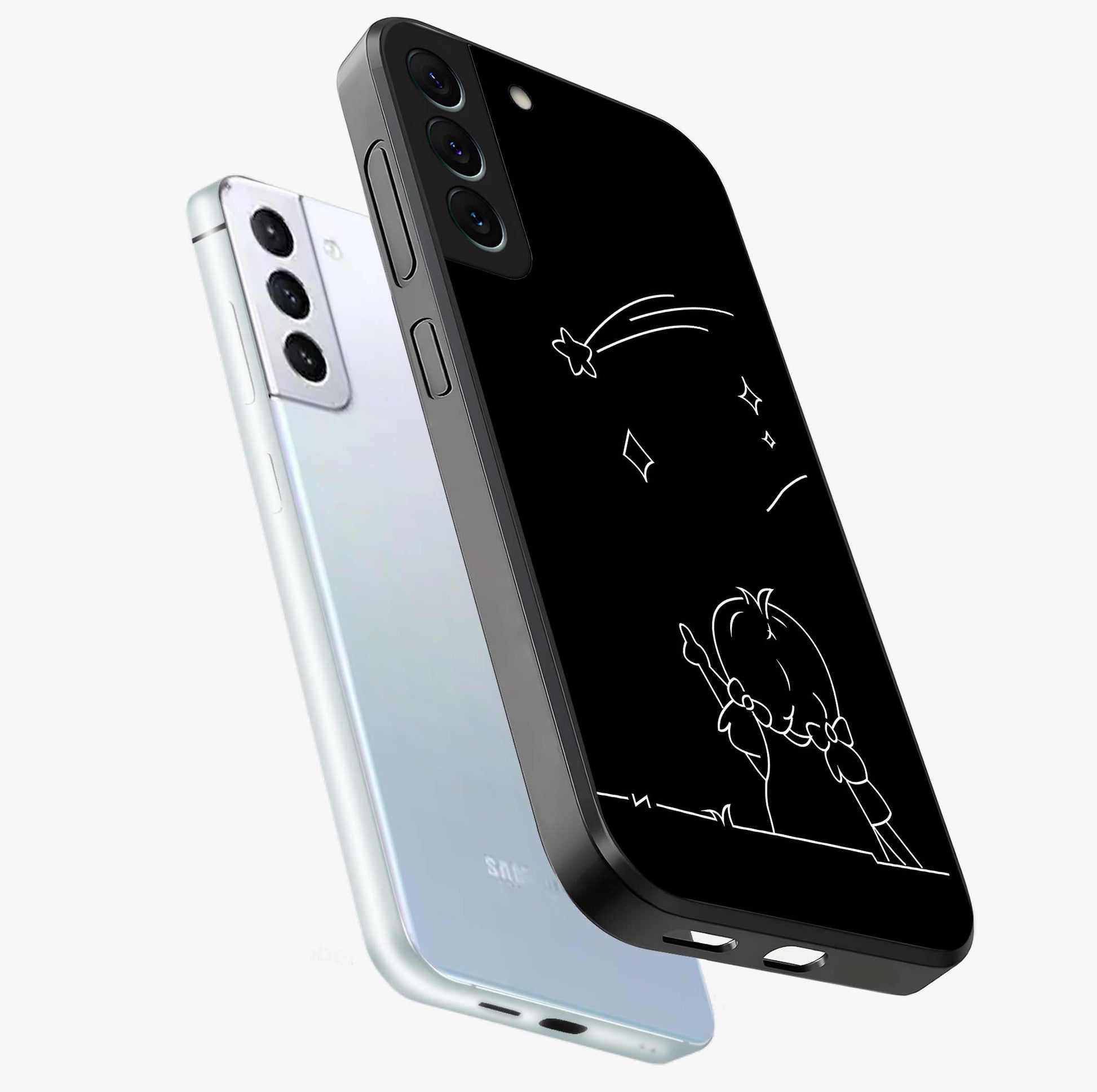 Line Art Girl With Shooting Stars Glass Case displayed in angled mockup highlighting elegant line art design with dreamy star aesthetic.