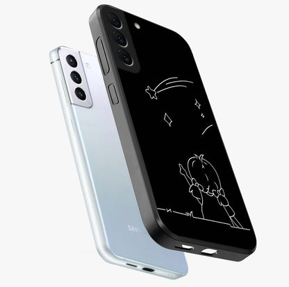 Line Art Girl With Shooting Stars Glass Case displayed in angled mockup highlighting elegant line art design with dreamy star aesthetic.