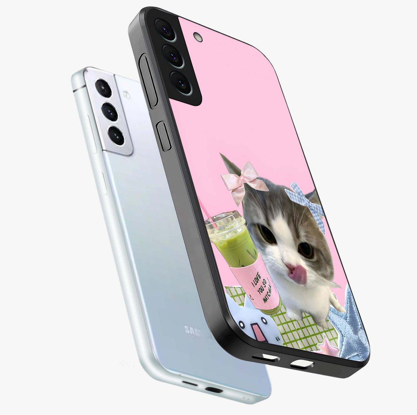 Love Matcha Cat Glass Case displayed in angled mockup highlighting playful feline illustration with cozy matcha aesthetic.