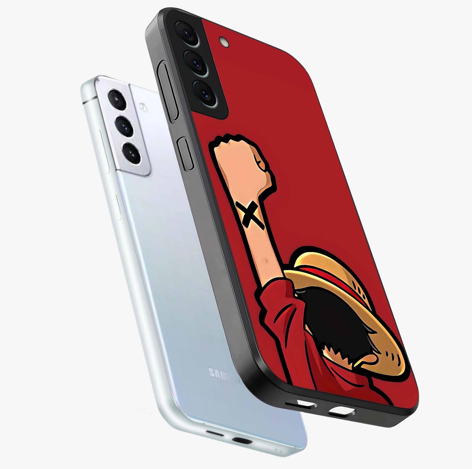 Luffy X Spirit Glass Case displayed in angled mockup highlighting powerful anime design with energetic action aesthetic.