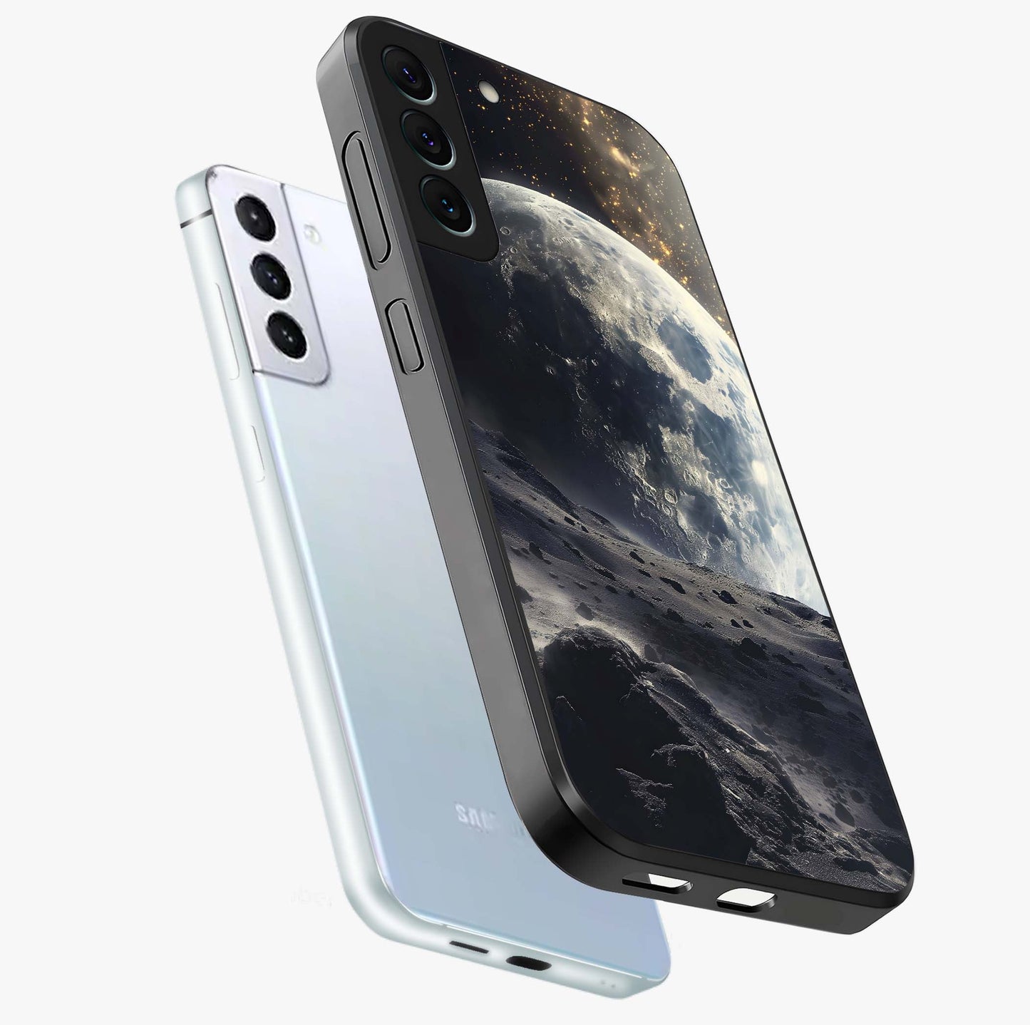 Lunar Horizon Glow Glass Case displayed in angled mockup highlighting celestial moon design with dreamy night aesthetic.