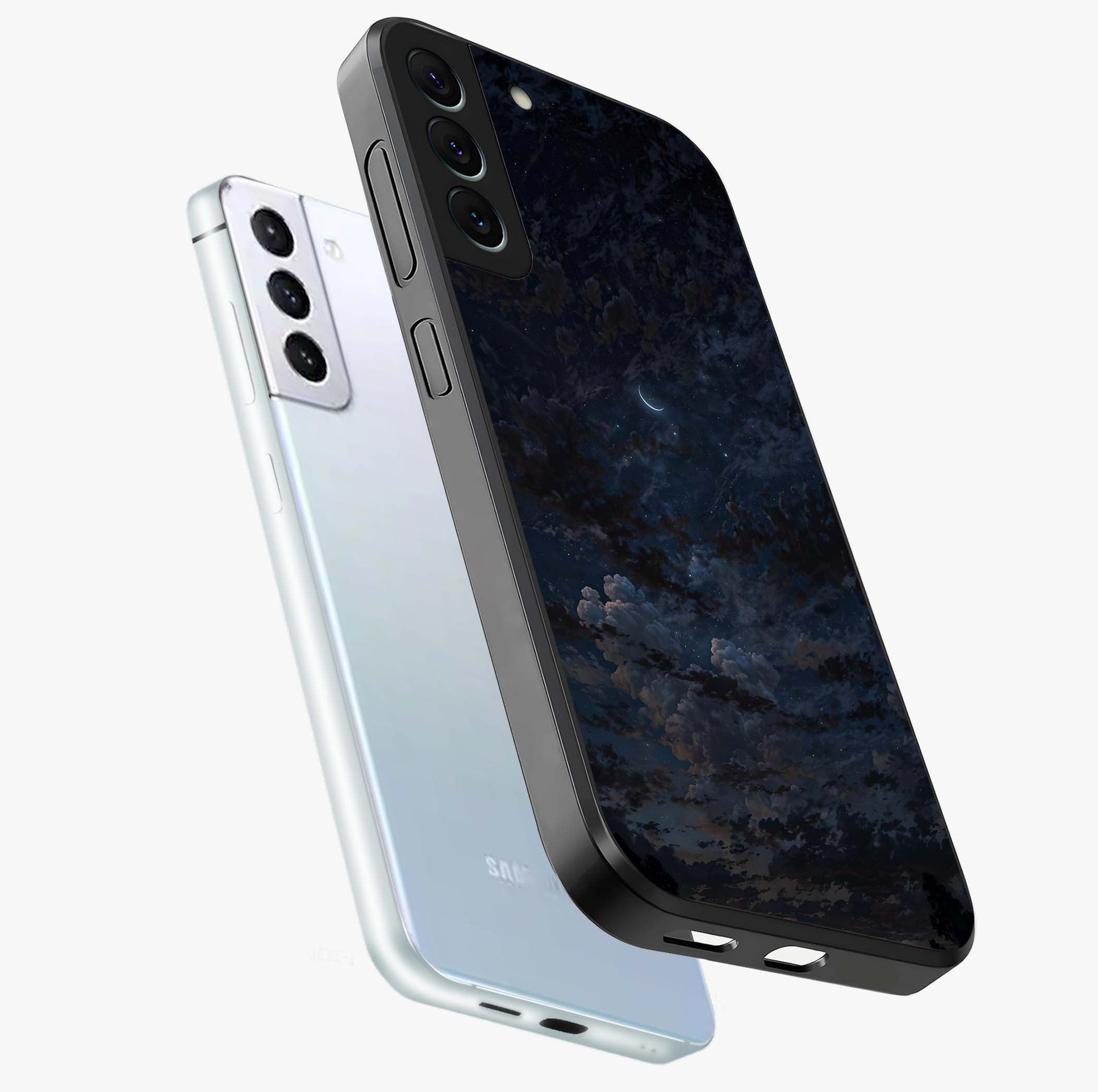 Lunar Veil Silence Glass Case displayed in angled mockup highlighting soft lunar design with peaceful celestial aesthetic.