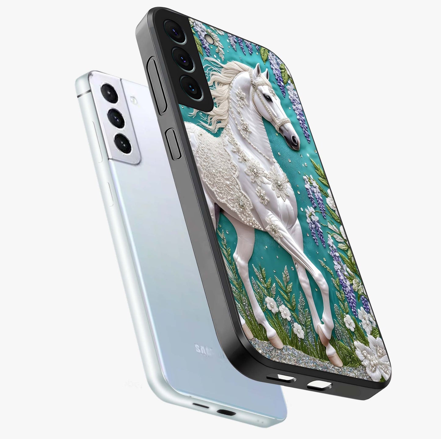 Majestic Floral Stallion Glass Case displayed in angled mockup highlighting majestic stallion illustration with elegant floral aesthetic.