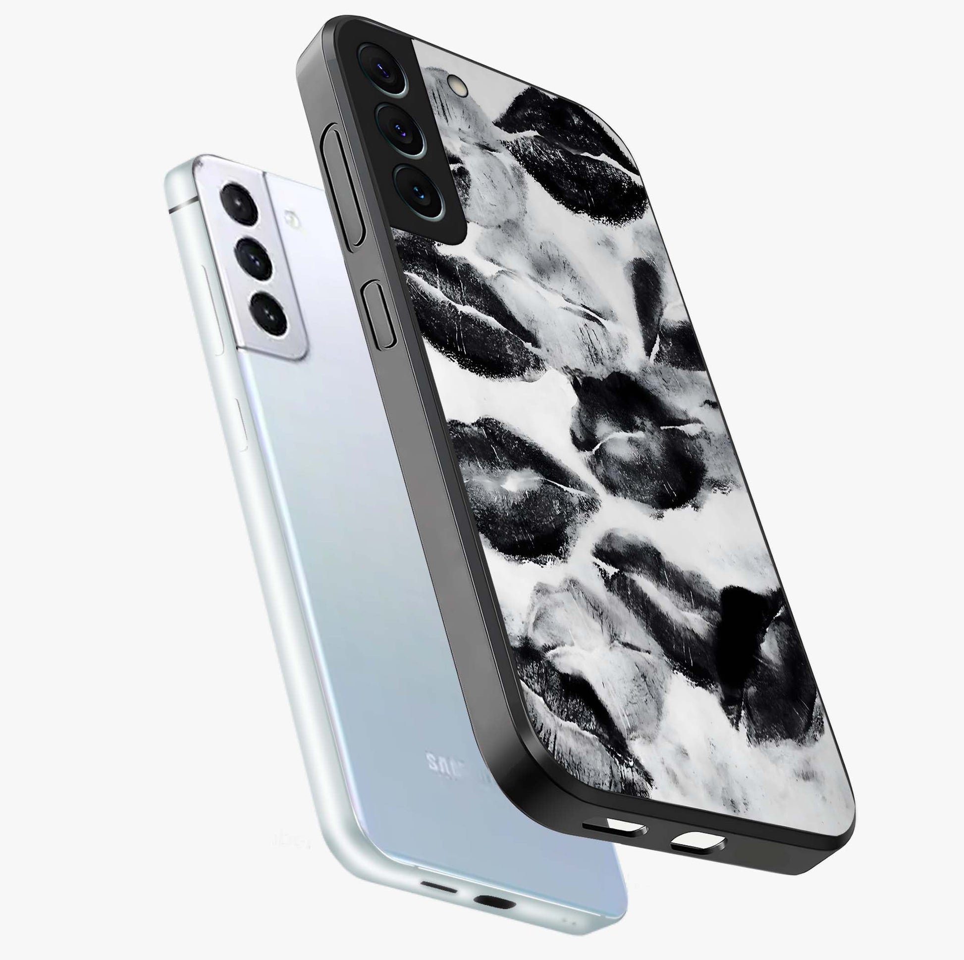 Midnight Kiss Marks Glass Case displayed in angled mockup highlighting playful romantic design with bold midnight aesthetic.