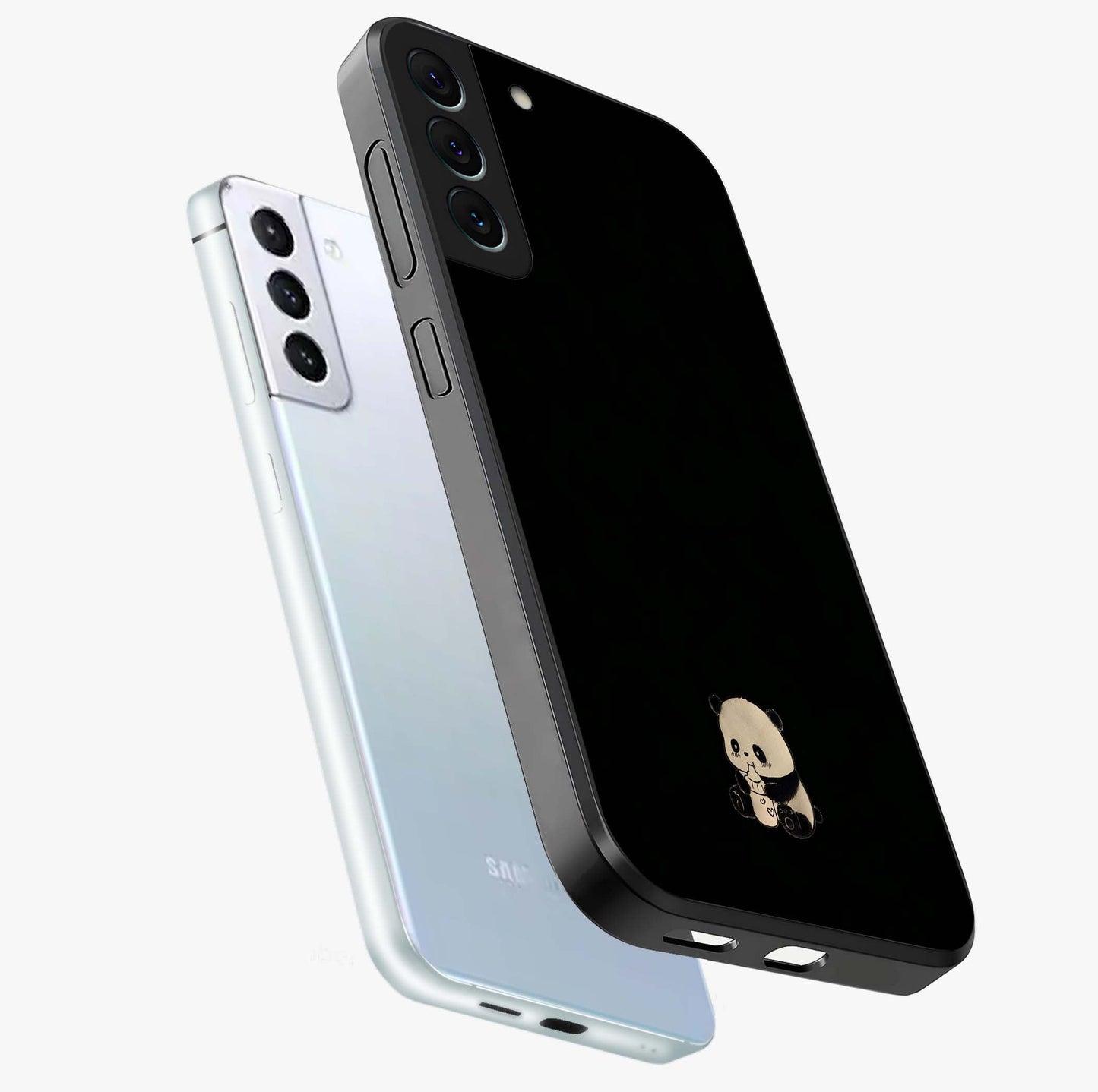 Midnight Panda Love Glass Case displayed in angled mockup highlighting adorable panda illustration with midnight aesthetic.
