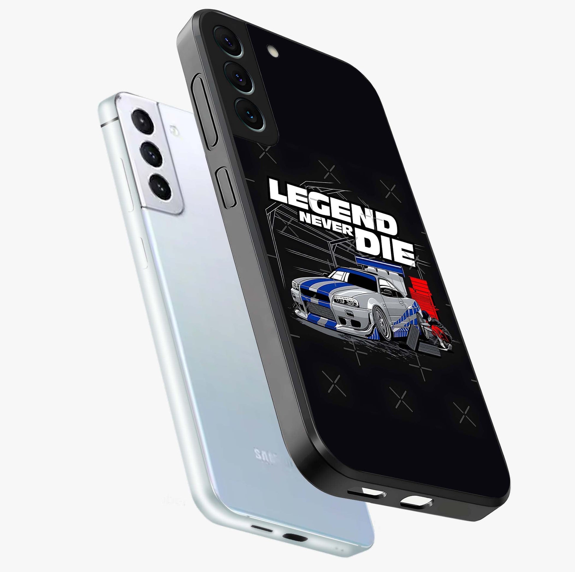 Midnight Racing Legacy Glass Case displayed in angled mockup highlighting dynamic automotive design with bold midnight aesthetic.