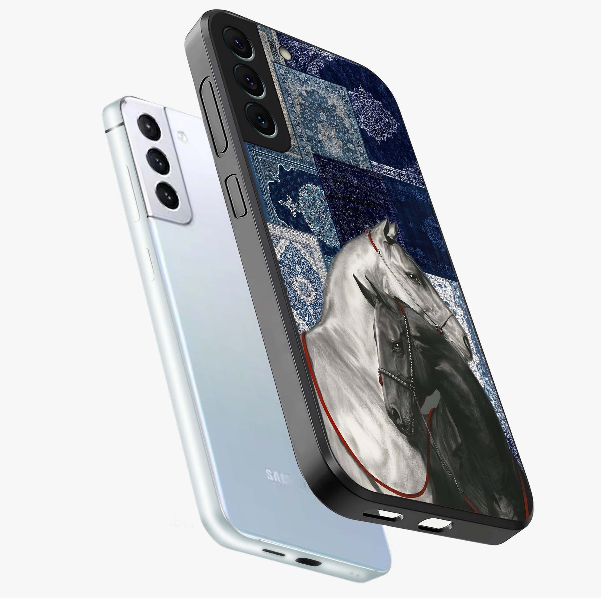 Midnight Stallion Blues Glass Case displayed in angled mockup highlighting powerful stallion illustration with deep midnight tones.