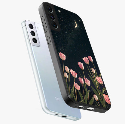 Midnight Tulip Whispers Vibe Glass Case displayed in angled mockup highlighting delicate tulip design with midnight floral aesthetic.