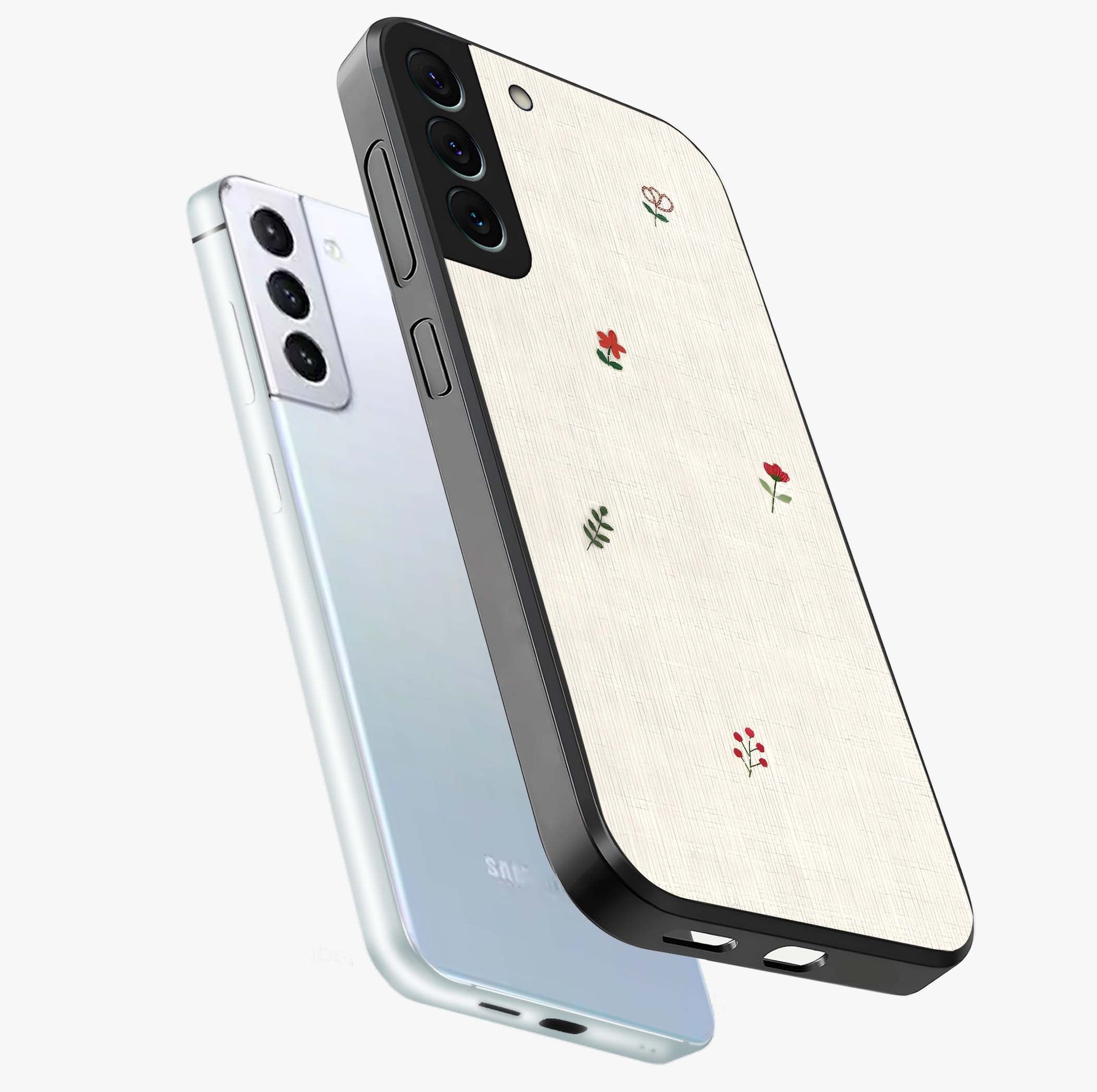 Minimalistic Blue With White Flower Pattern Glass Case displayed in angled mockup highlighting simple floral design with minimal aesthetic.