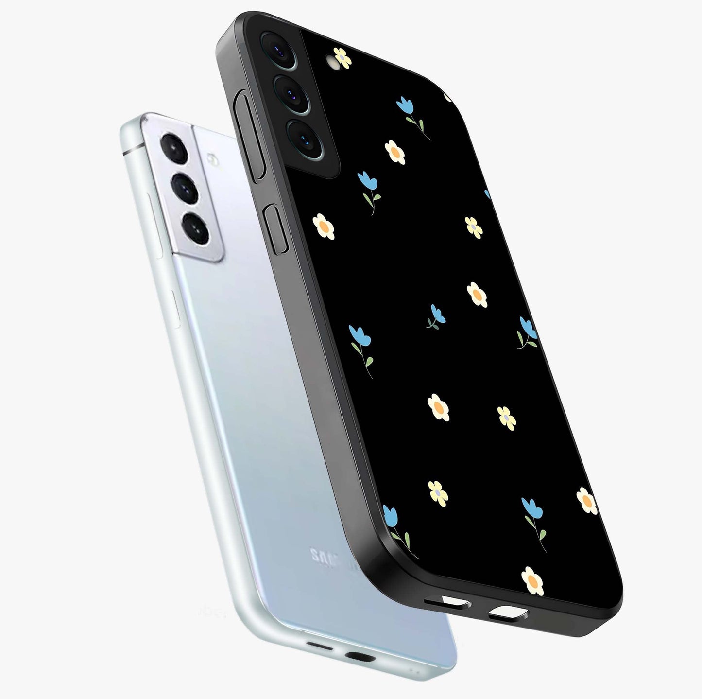 Minimal Petal Whispers Glass Case displayed in angled mockup highlighting delicate petal design with clean minimal aesthetic.