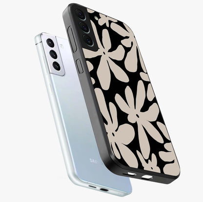 Monochrome Petal Dance Glass Case displayed in angled mockup highlighting elegant petal design with black and white aesthetic.