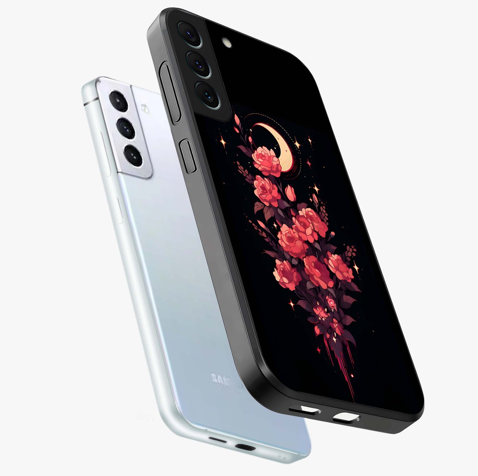 Moonlit Floral Elegance Glass Case displayed in angled mockup highlighting graceful flower design with soft moonlight aesthetic.