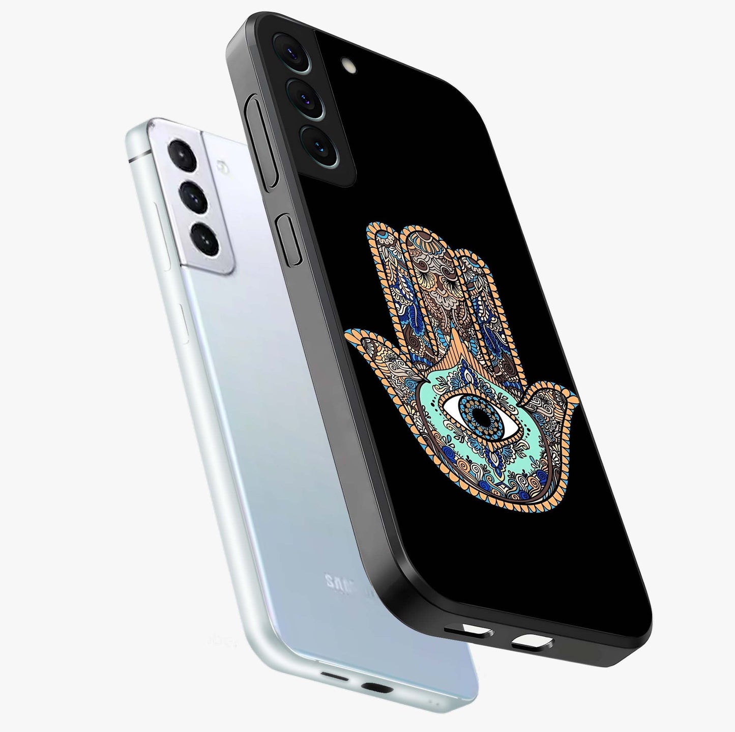 Mystic Hamsa Eye Glass Case displayed in angled mockup highlighting spiritual hamsa symbol with mystical aesthetic style.