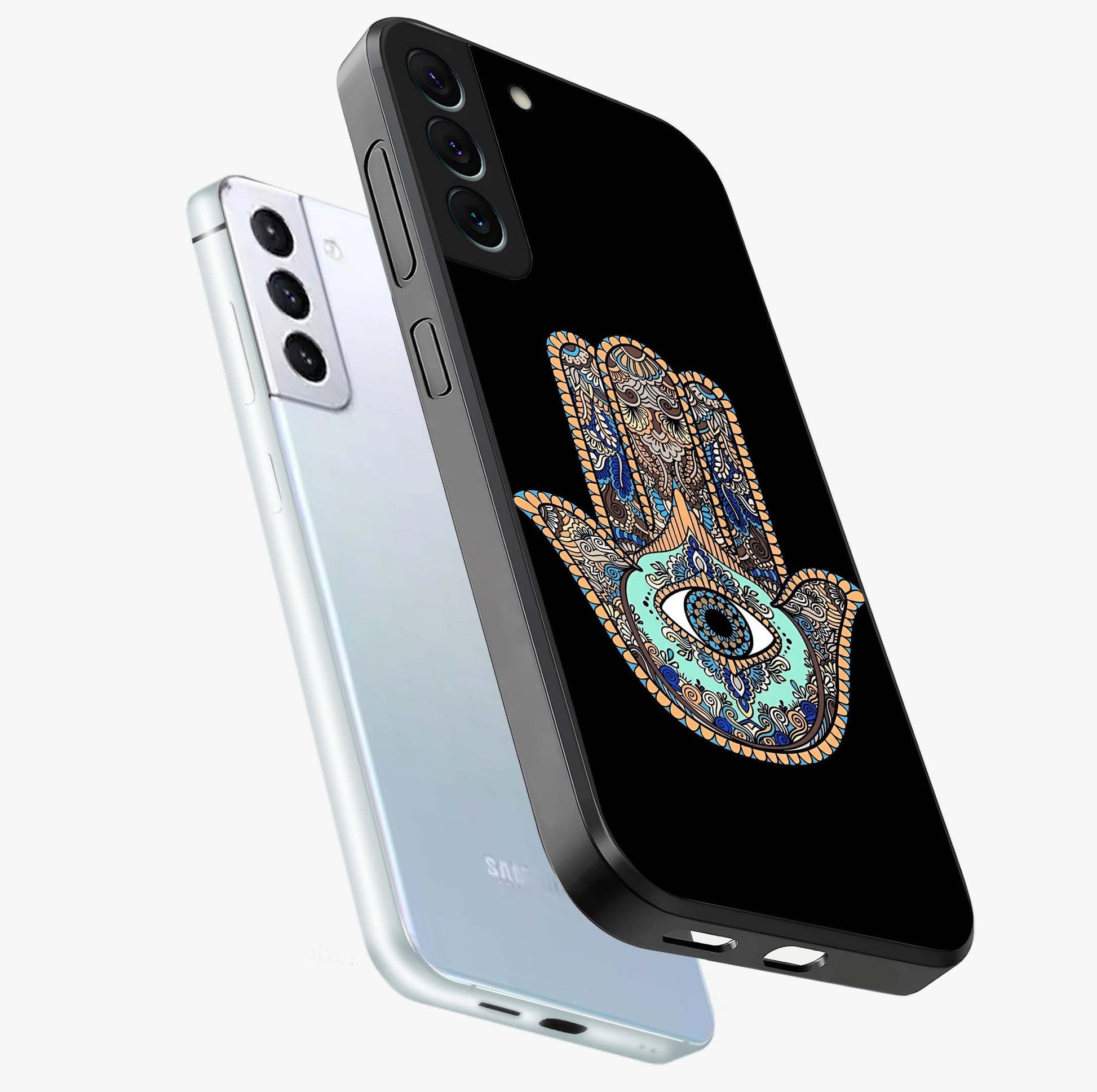 Mystic Hamsa Eye Glass Case displayed in angled mockup highlighting spiritual hamsa symbol with mystical aesthetic style.