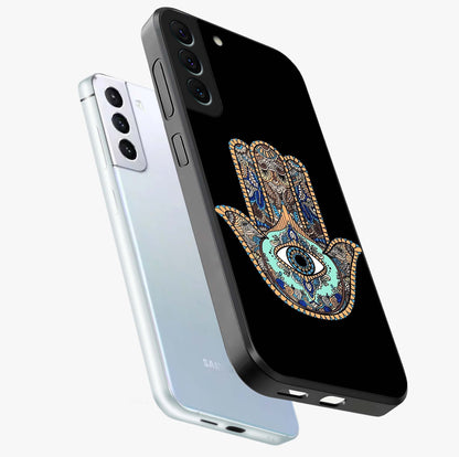 Mystic Hamsa Eye Glass Case displayed in angled mockup highlighting spiritual hamsa symbol with mystical aesthetic style.