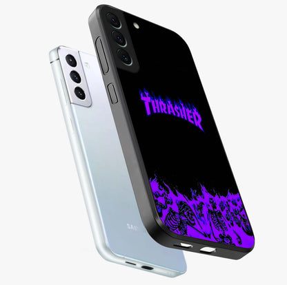 Neon Flame Riot Glass Case displayed in angled mockup highlighting glowing flame design with vibrant neon aesthetic.
